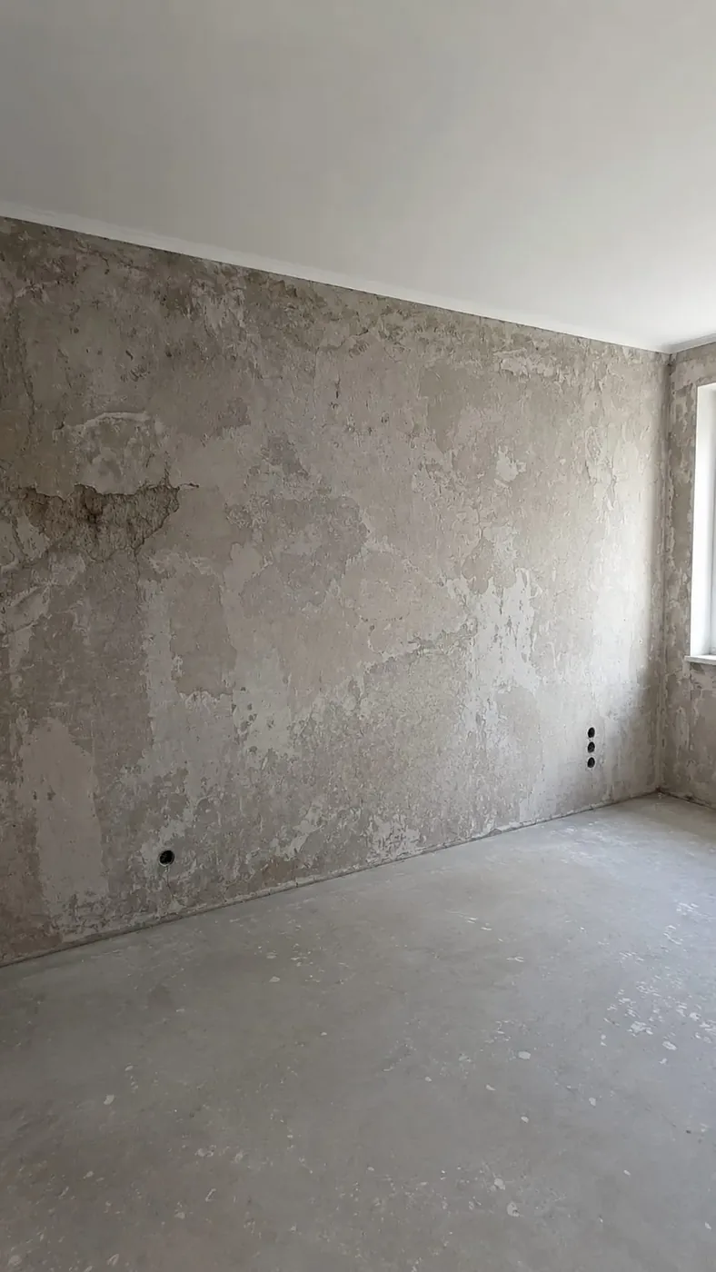 Schlafzimmerwand in einem Wohnhaus vor der Gestaltung, roher und fleckiger Putzuntergrund